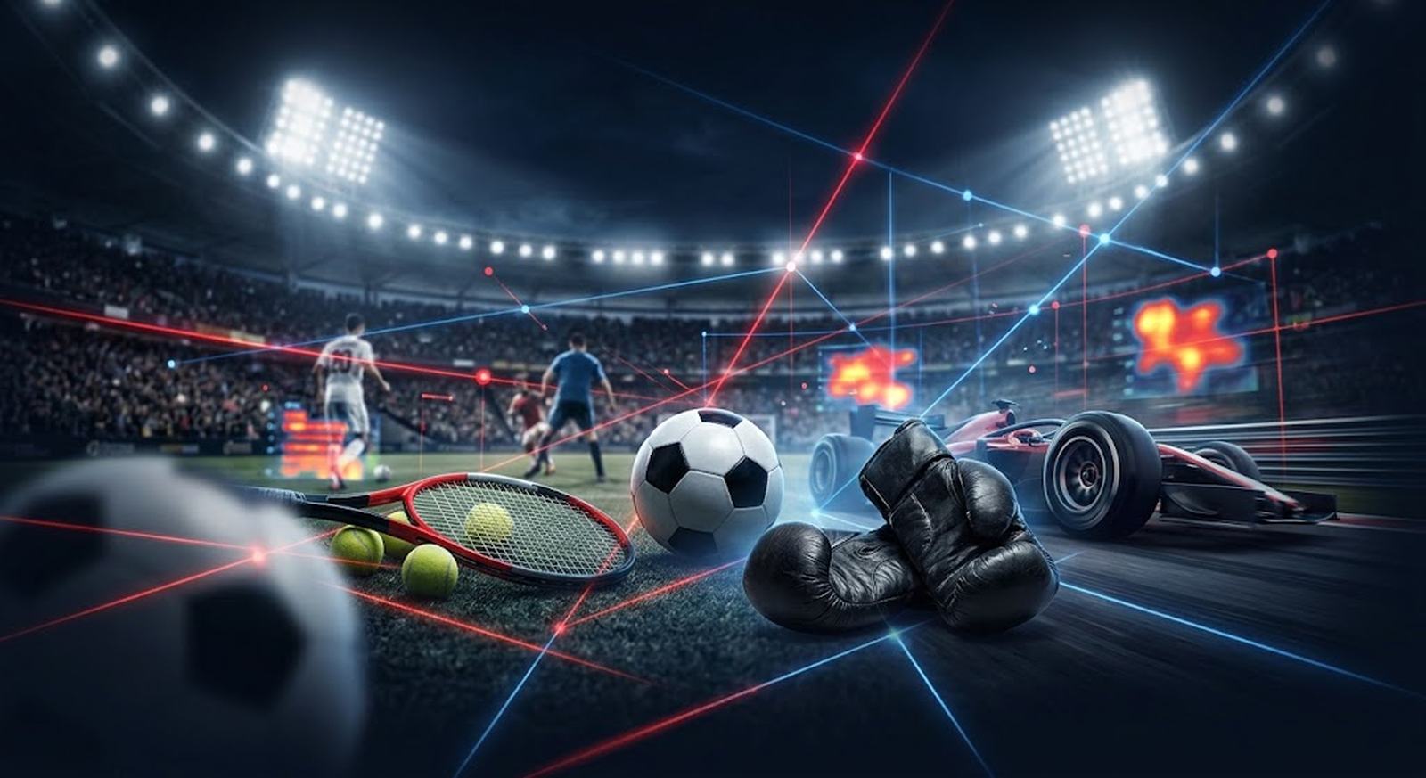 Stadion nocą, piłka, rakieta tenisowa i rękawice bokserskie